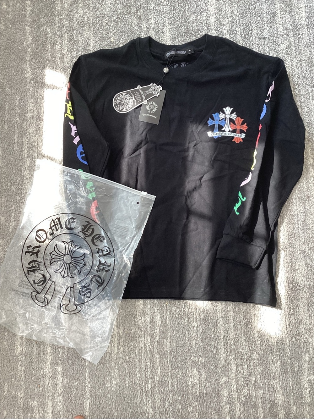 Chrome Hearts Black Long-Sleeve Tee with Multicolor Cross Graphics